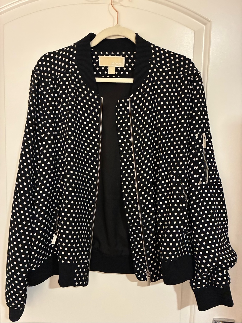 Michael Kors Black and White Polka Dot Bomber Jacket